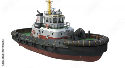 Modern Tugboat Isolated by White Screen Featuring Black Hull Red Waterline and Detailed Superstructure in Digital Rendering