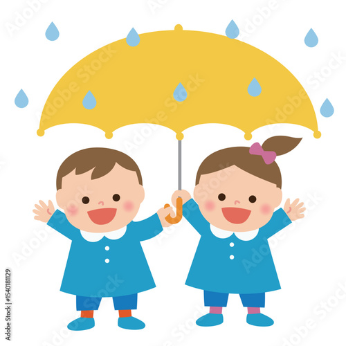雨降りで傘をさした男の子と女の子