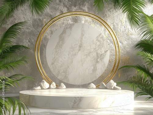 clear pixel visual of Podium product splay background gold white stones palm leaves fashion concept abstract pedestal rings blank space 3d poduim dais scene stage stone display design, high detail, 8k