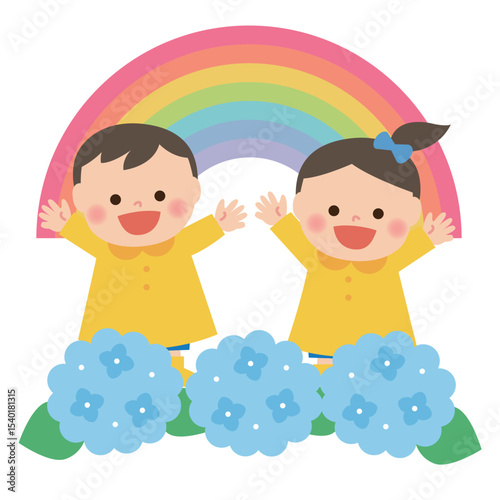 紫陽花と虹と男の子と女の子