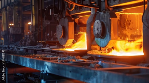 Close-up of industrial heat treatment process in a furnace, showcasing metal workpieces undergoing hardening, tempering, and annealing with controlled temperature, cooling systems