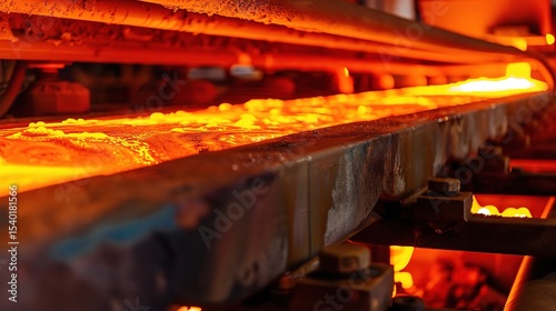 Close-up of industrial heat treatment process in a furnace, showcasing metal workpieces undergoing hardening, tempering, and annealing with controlled temperature, cooling systems