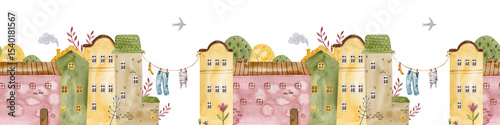 Cute seamless watercolor border pattern with colorful houses, trees, and clouds. rchitectural seamless border pattern. Ideal for children prints, nursery decor, fabric, and stationery.