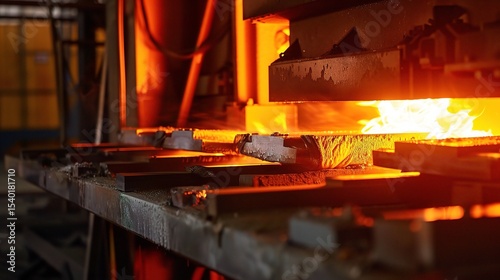 Close-up of industrial heat treatment process in a furnace, showcasing metal workpieces undergoing hardening, tempering, and annealing with controlled temperature, cooling systems