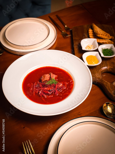 Traditional Ukrainian borscht with beef and dill served in a white bowl, styled with condiments and pastry on a warm wooden restaurant table.