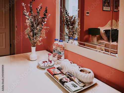 Boutique hotel interior with mirror, flowers, and tray of tea, snacks, and bottled water styled on a clean vanity in a soft coral-colored guest room.