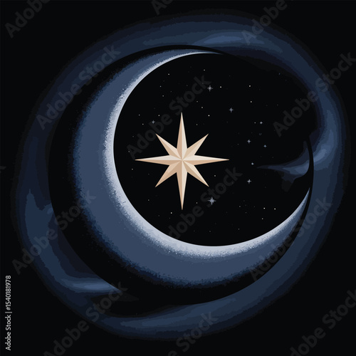 Artistic depiction of a celestial scene featuring a stylized crescent moon a radiant eight pointed star and a starry night sky with wispy atmospheric elements.