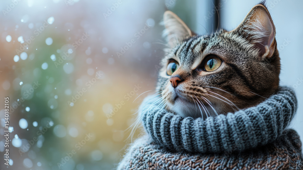 custom made wallpaper toronto digitalCat in a Cozy Winter Sweater. A tabby cat wearing a cozy sweater looks out at falling snow through a window.