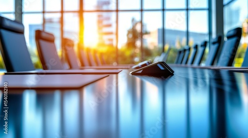 Modern corporate meeting room with large conference table, high-end audiovisual technology, ergonomic chairs, and bright professional office interior for business presentations and teamwork collaborat