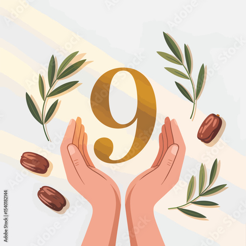 Artistic depiction of the number 9 gracefully cradled by gentle hands and surrounded by dates and lush green foliage against a soft light backdrop.
