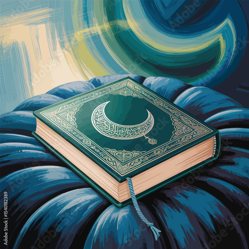 Artistic rendering of the quran featuring a crescent moon symbol and intricate golden embellishments resting on a textured blue surface