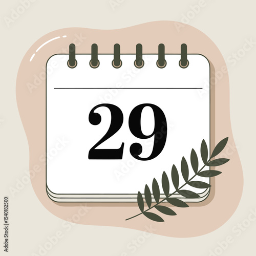 Calendar page illustrating the number 29 with decorative green branch for date and reminder concepts