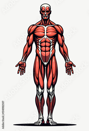 Detailed ecorche illustration of the human muscular system, an anatomical chart showing anterior view muscles for medical students, fitness, and science education.
