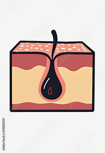 Skincare illustration of an inflamed hair follicle in a skin cross-section with a drop of blood, a clear graphic explaining acne and dermatology issues.
