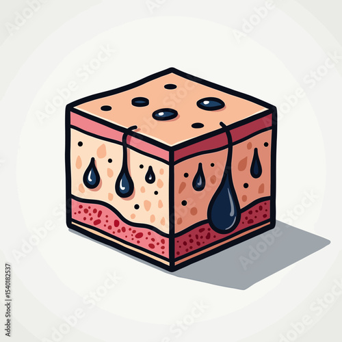 A 3D isometric illustration of a skin cross-section block showing oily skin with sebum drops, a graphic for explaining skincare issues like clogged pores.
