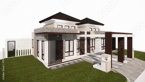 3 d rendering of the cozy house in the garden with a pool for sale or rent. isolated on white. in the background. summer.