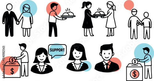 Diverse people showing support through various acts of kindness and charity