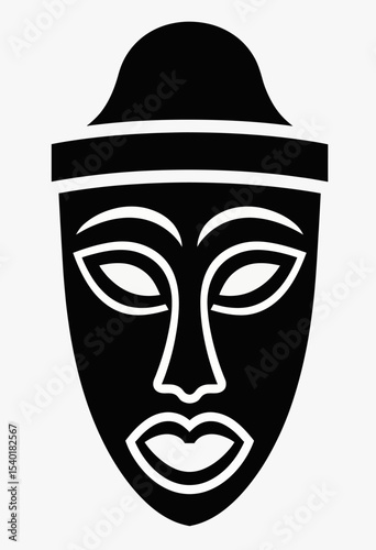 Minimalist black and white tribal mask icon with stylized features, a bold graphic representing ancient culture, ritual, and ethnic art for modern branding.
