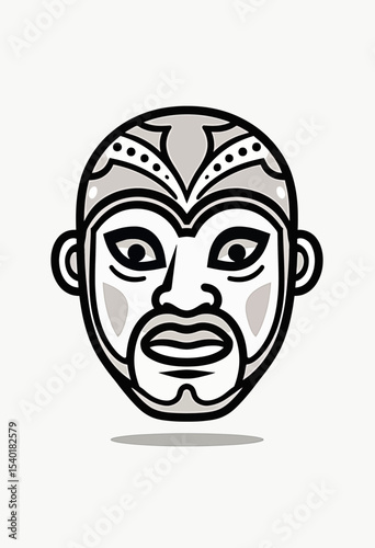 Detailed line art illustration of a tribal warrior mask with grey shading, a cultural graphic representing heritage, strength, and ancient traditions.
