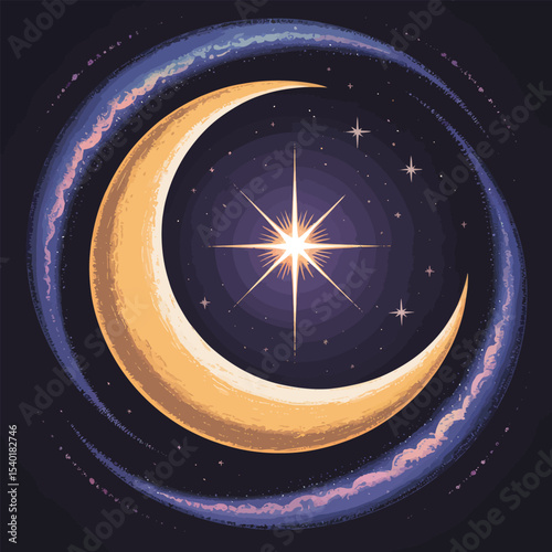 Celestial illustration of crescent moon starry night sky with a radiant star and a swirling milky way aesthetic