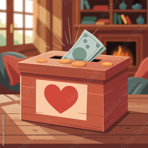 Donation box with heart symbol receiving money coins and bills illustration depicting charitable giving and kindness in a warm interior setting