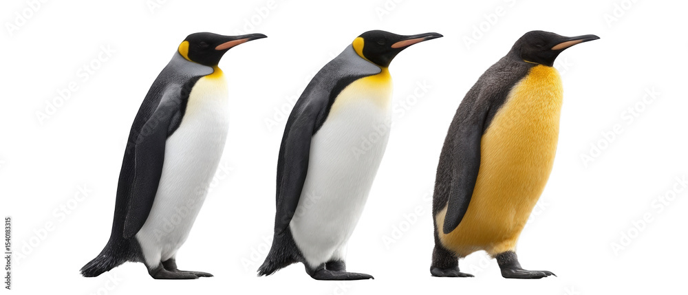 Fototapeta premium Three penguins showcasing different poses and colors against a transparent background