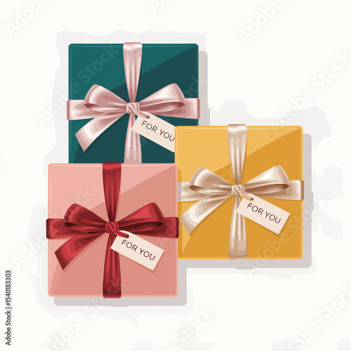 Elegant gift boxes with silk ribbons and "for you" tags in various colors perfect for celebrations and special occasions