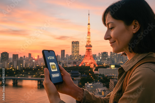 High-Resolution Ultra-Realistic Image of Female Traveler Activating eSIM on Phone at Sunset Over Tokyo Skyline – Ideal for Travel eSIM Services, Mobile Connectivity, International Roaming Solutions