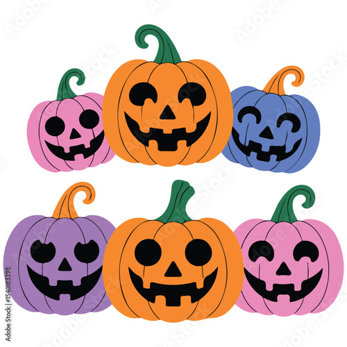 Smiling Halloween pumpkins set vector isolated white background