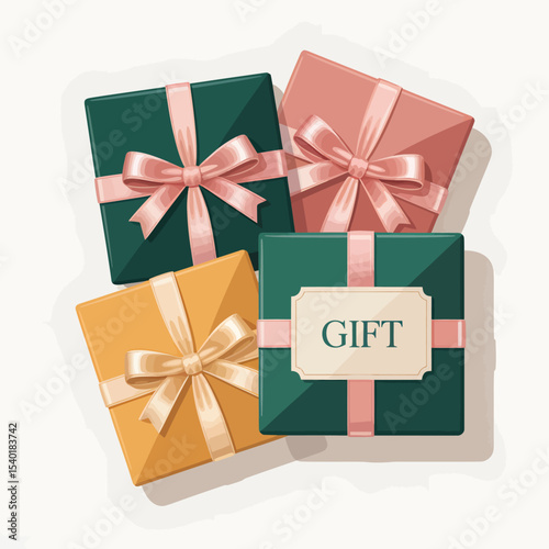 Festive arrangement of colorful gift boxes with elegant satin ribbons perfect for celebrations and special occasions presented on a white background