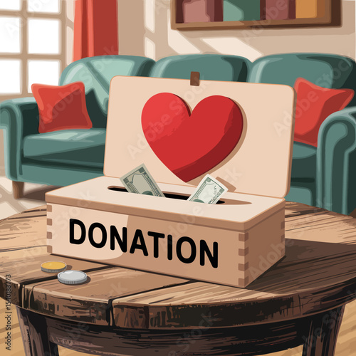 Generous donation box with heart shaped symbol signifies charity and giving for fundraising and philanthropy supporting communities with financial contribution to support their needs.