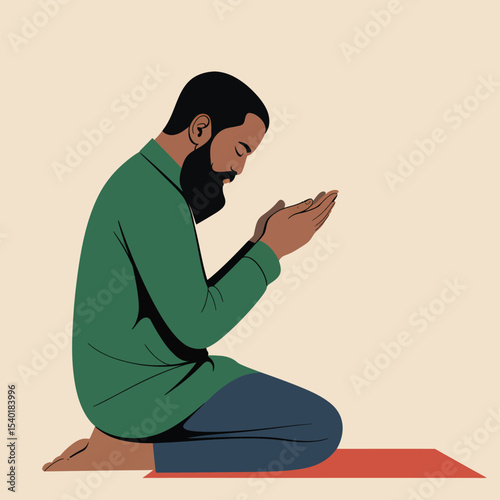 Illustration of a muslim man in prayer with hands raised depicting spirituality and devotion in a simple and modern flat design