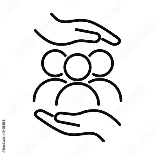 Safe people symbol. Hand holds people. Outline vector icon