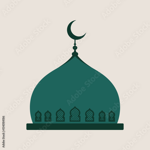 Islamic mosque dome with a crescent moon illustration in teal and green colors depicting cultural architectural design with decorative elements and religious symbolism on a beige backdrop.