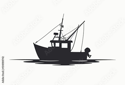 Minimalist black silhouette of a commercial fishing trawler on calm water, a simple and clean graphic icon for maritime logos or seafood industry branding.
