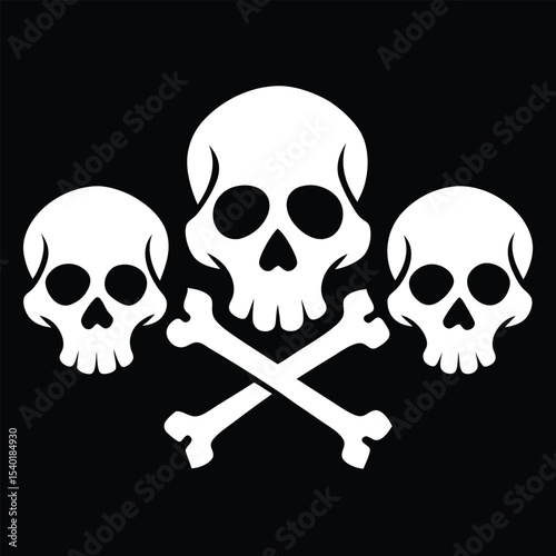 Three Stylized White Skull and Crossbones Icons with Variations for Design Use