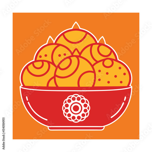 Colorful vector illustration of indian sweets in a red bowl on an orange background