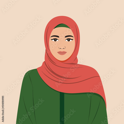 Portrait of a modern muslim woman wearing a red hijab and green attire against a soft beige background in a flat vector style.