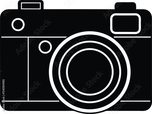 Minimal digital camera silhouette with prominent lens and button layout