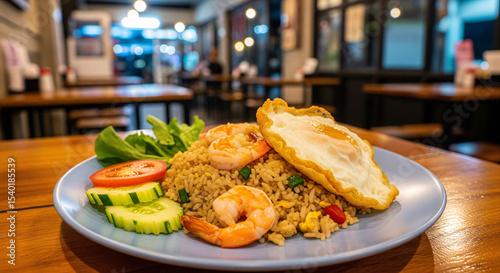 A plate of fried rice with shrimp and fried egg.