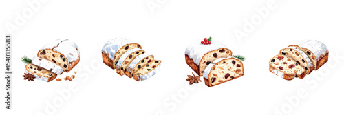 Set of Christmas stollen with powdered sugar. Christmas pictures for design with transparent background in vector format.