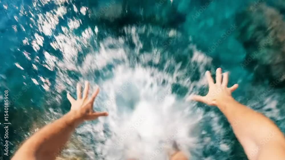 A Thrilling First-Person Perspective of a Daring Cliff Jump into Azure Ocean Waters