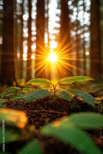Serene sunset in a dense forest with golden light shining through tall trees and illuminating the peaceful landscape