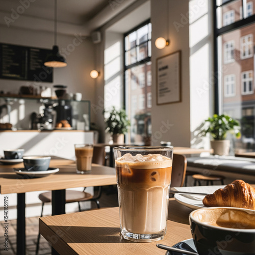 A glass of cafe latte on the table in a coffee shop.
