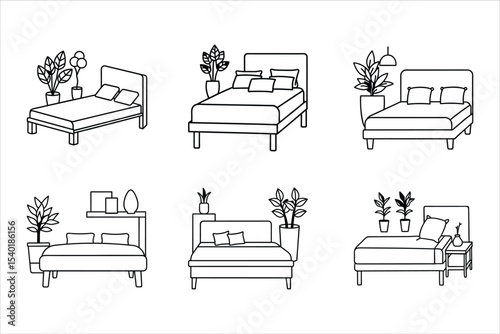 Six Line Drawings of Beds with Plants and Decor bedroom