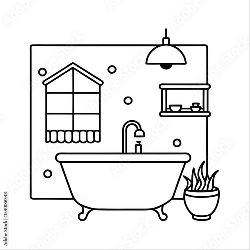 Line Art Bathroom Freestanding Tub Decor Plant Shelf Window