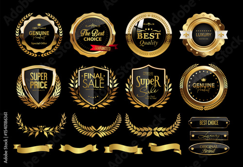Golden luxury labels and banners, gold badge vector .premium quality certificate seal ribbons, Shield, VIP, super quality sticker tags and banners for best product seals, top no 1 brand golden crown