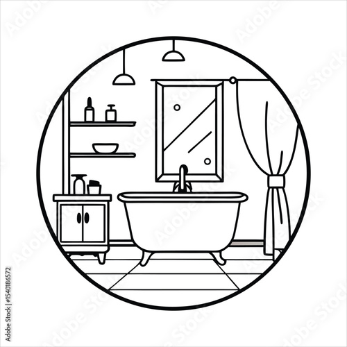 Bathroom Interior Line Art Freestanding Tub Shelf Mirror