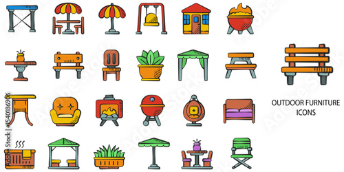 Outdoor Furniture simple concept 24 hand drawn color icons set .Vector illustration.	