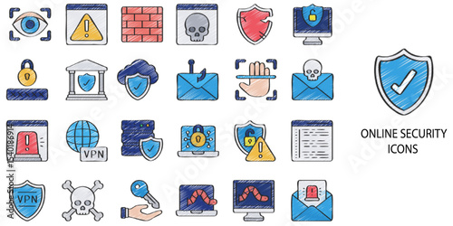 Online Security simple concept 24 hand drawn color icons set .Vector illustration.	
